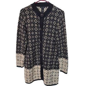Nomadic Traders Womens L Black Tan Geometric Button Front Cardigan Sweater